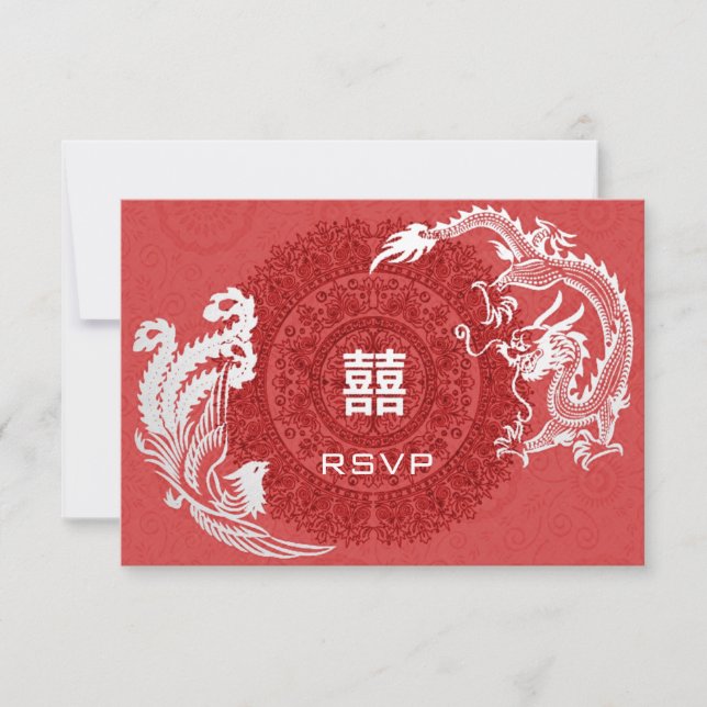 Modern Dragon-Phoenix Chinese Wedding RSVP Card (Front)