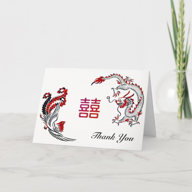 Modern Dragon-Phoenix Double-Xi Wedding Photo Thank You Card (Front)