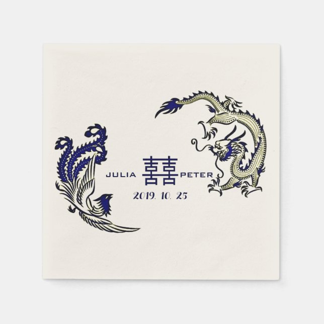 Modern Dragon-Phoenix Personalized Chinese Wedding Napkins (Front)