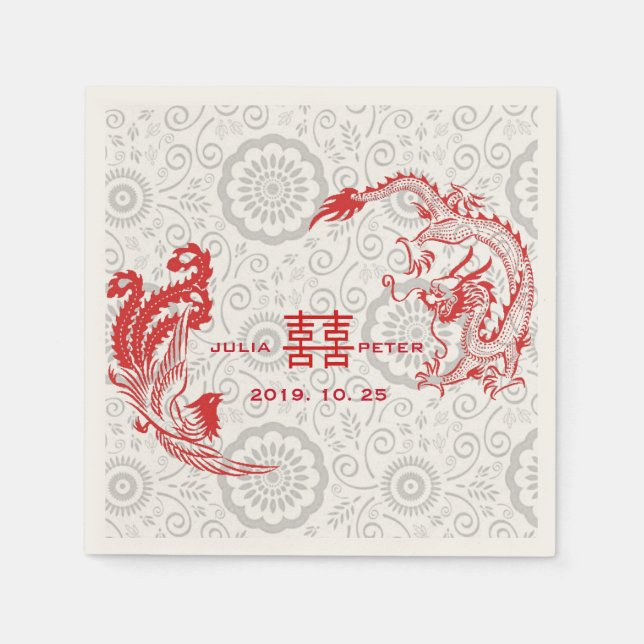 Modern Dragon-Phoenix Personalized Chinese Wedding Napkins (Front)
