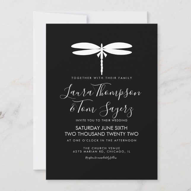 Modern Dragonfly Wedding Logo Black White Invitation (Front)