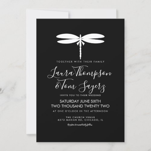Modern Dragonfly Wedding Logo Black White Invitation