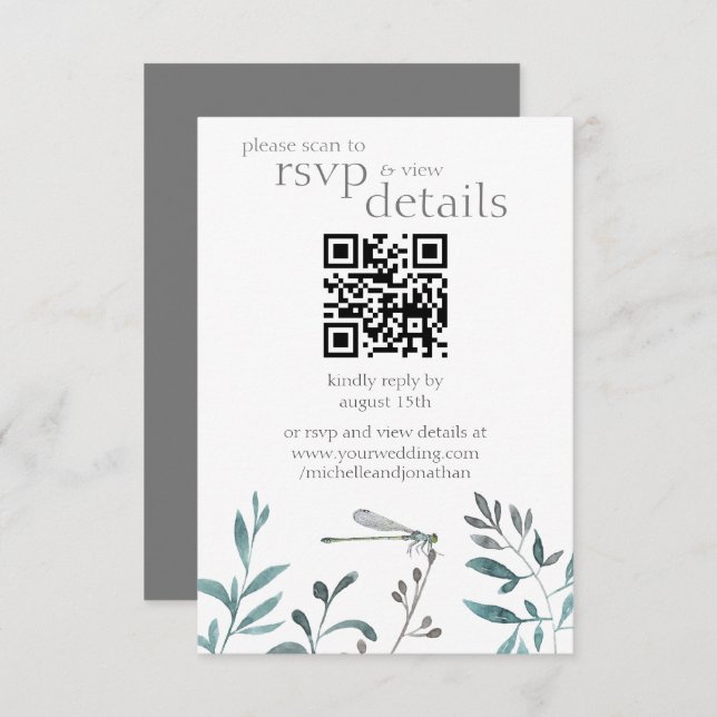 Modern Dragonfly Wedding QR Code Details and RSVP Card (Front/Back)