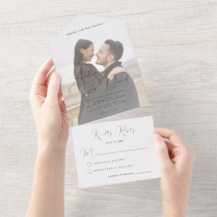 Modern Dramatic Script & Fading Photo Wedding All In One Invitation