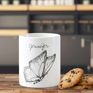 Modern Drawn Butterfly in Flight Monogram  Coffee Mug