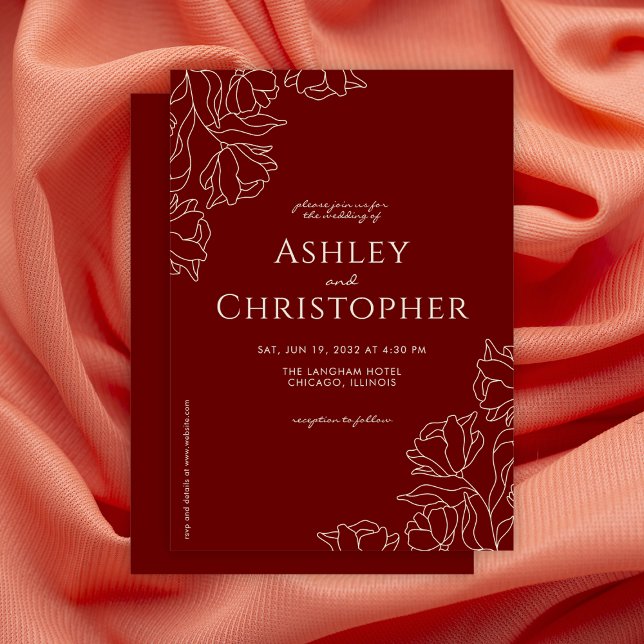 Modern Drawn Floral Crimson Red Wedding Invitation (Creator Uploaded)
