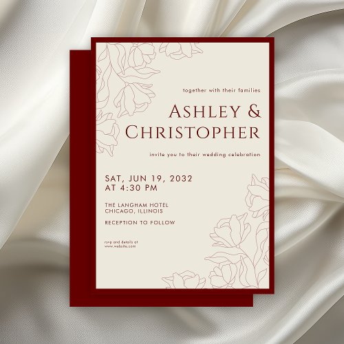 Modern Drawn Floral Crimson Red Wedding Invitation