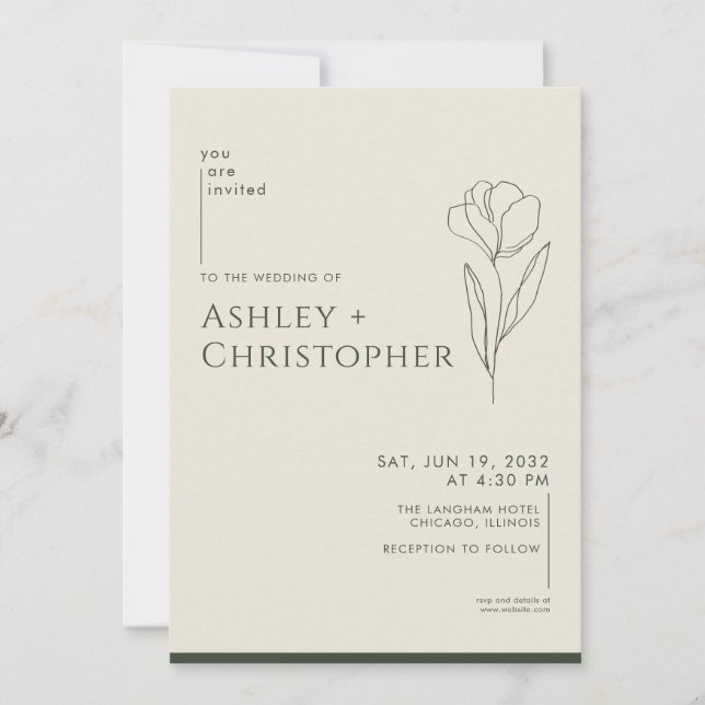 Modern Drawn Floral Dark Moss Green Wedding Invitation (Front)