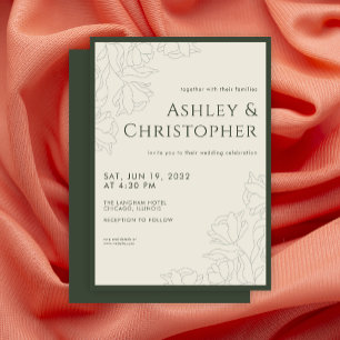 Modern Drawn Floral Dark Moss Green Wedding Invitation