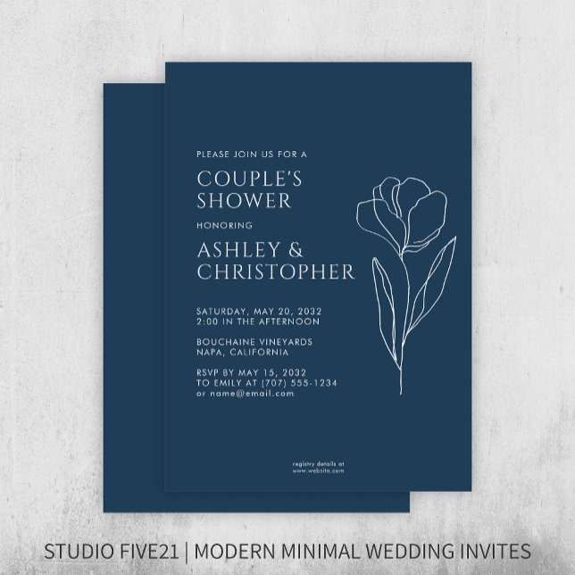 Modern Drawn Floral Navy Blue Wedding Shower Invitation (Creator Uploaded)