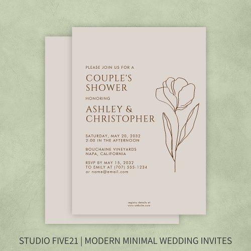 Modern Drawn Floral Walnut Brown Wedding Shower Invitation