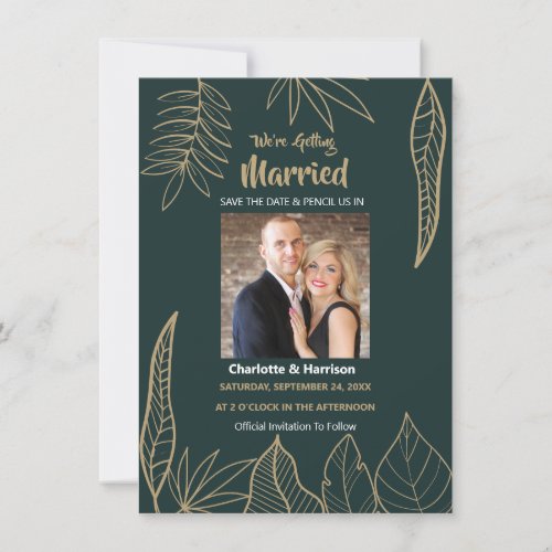 Modern Drawn Leaves Emerald Gold Photo Wedding Save The Date