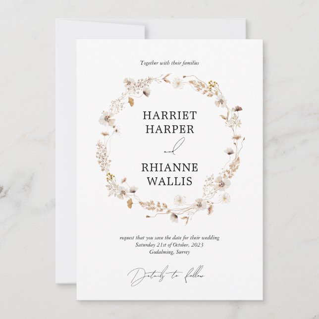 Modern Dried Floral Boho Wreath Save the Date Invitation (Front)