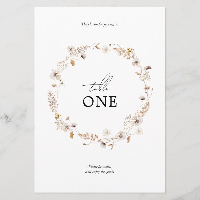 Modern Dried Floral Boho Wreath Table Number Name (Front)