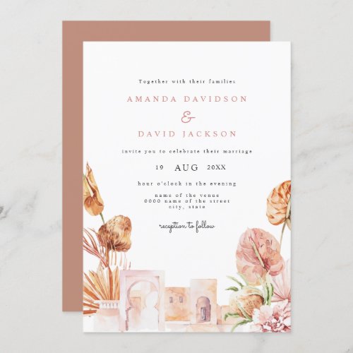Modern Dried Leaves Desert Western Boho Wedding Invitation - This modern invitation features watercolor dried leaves & flowers with landscape and with a script font for name of bride and groom. It is perfect for desert, western or boho themed weddings! 