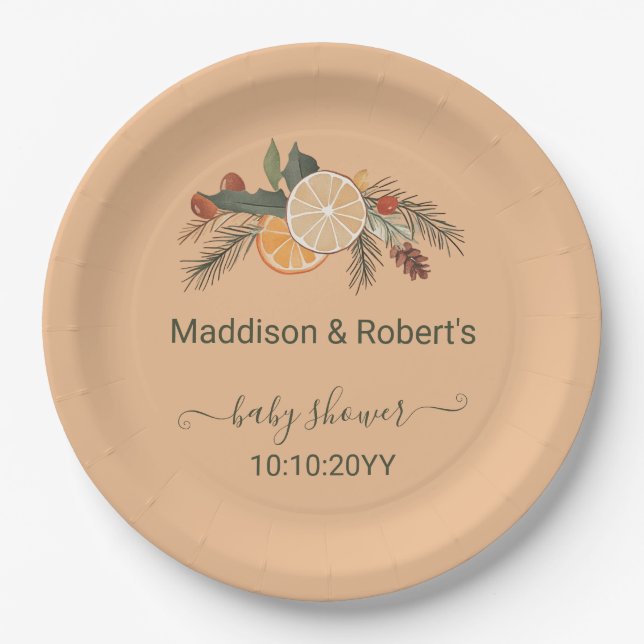 Modern Dried Winter Citrus Baby Shower  Paper Plates (Front)