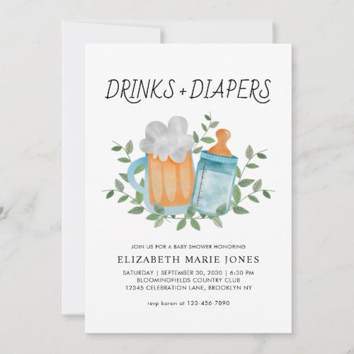Modern Drinks and Diapers Beer Bottle Baby Shower Invitation