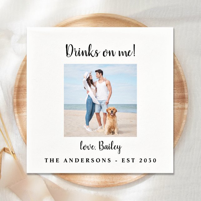Modern Drinks On Me Dog Photo Pet Wedding Napkins (Creator Uploaded)