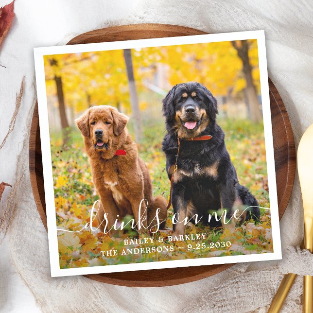 Modern Drinks On Us Open Bar Dog Photo Pet Wedding Napkins (Creator Uploaded)
