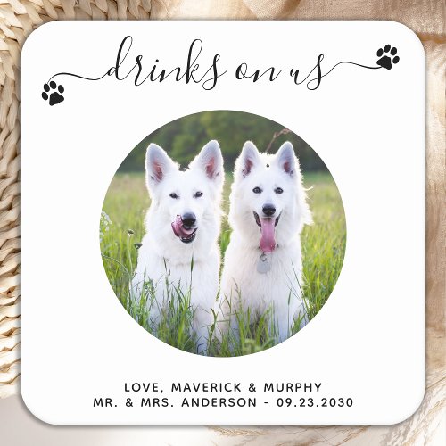 Modern Drinks On Us Personalized Photo Pet Wedding Square Paper Coaster