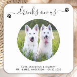 Modern Drinks On Us Personalized Photo Pet Wedding Square Paper Coaster<br><div class="desc">Drinks On Us! Add the finishing touch to your wedding with these cute custom photo wedding coasters . Perfect for your wedding after party and reception, and as wedding favors for your guests. Customize these photo dog wedding coasters with your favorite wedding photo, dog of honors photo, or your newlywed...</div>