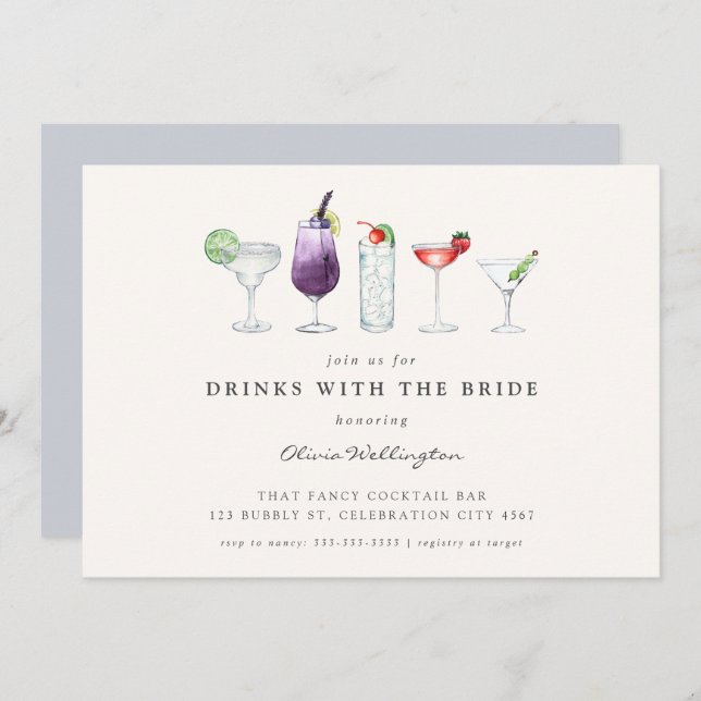 Modern Drinks with the Bride Watercolor Cocktails  Invitation (Front/Back)