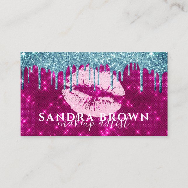 Modern dripping glitter rose gold lips makeup  bus business card (Front)
