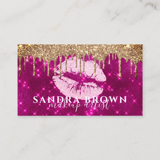 Modern dripping glitter rose gold lips makeup  business card (Front)