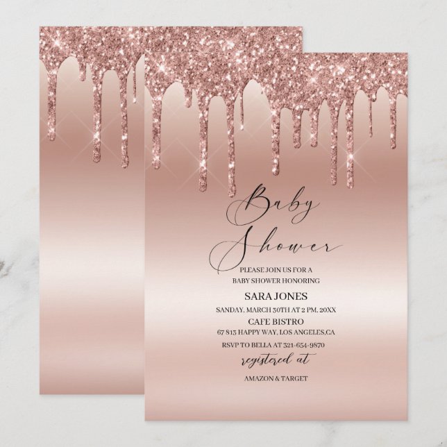 Modern Dripping Rose Gold   Baby Shower Invitation (Front/Back)