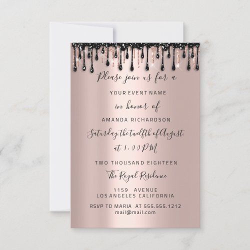 Modern Drips  Rose Black Sweet 16 Bridal Wedding  Invitation