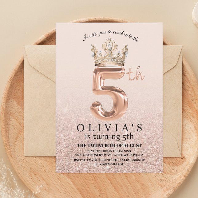 Modern Drips Rose Gold Crown 5th Birthday Party Invitation (Creator Uploaded)