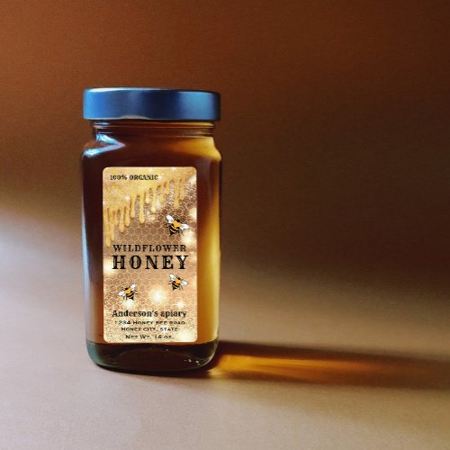 Modern drips sparkle gold  bee honey jar label