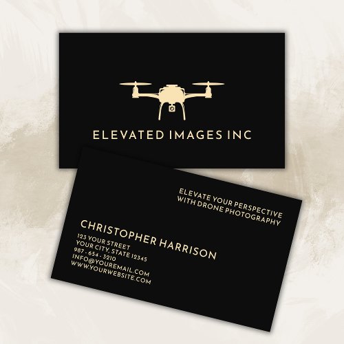 Modern Drone Operator Photography Black Gold Business Card