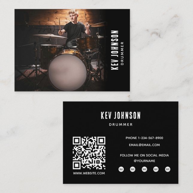Modern Drummer Band Musician Full Photo Black Business Card (Front/Back)