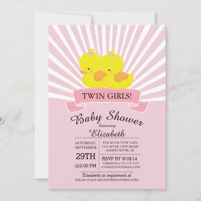 Modern Duck Twin Girl Baby Shower Invitation (Front)