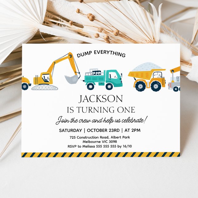 Modern Dump Truck Construction 1st Birthday Invitation (Modern Construction 1st Birthday Invitation, Dump Everything Construction Birthday Invite, Truck)