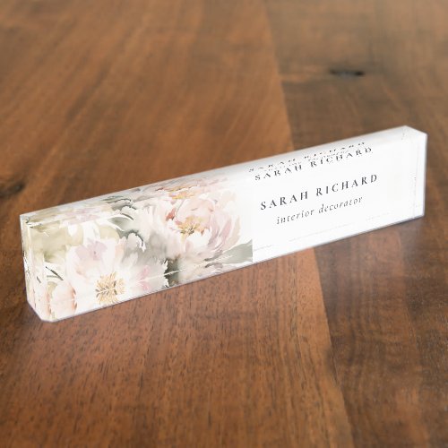 Modern Dusky Blush Peony Watercolor Floral Bunch Desk Name Plate