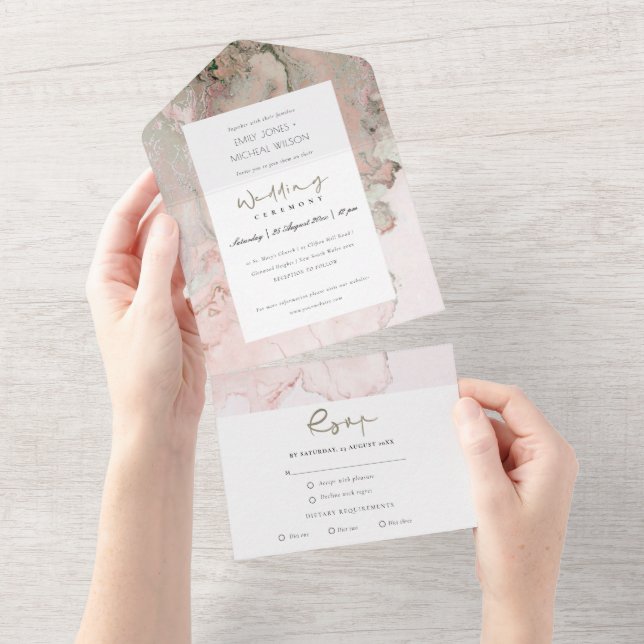 MODERN DUSKY BLUSH PINK ROSE GOLD AGATE WEDDING AL ALL IN ONE INVITATION (Tearaway)