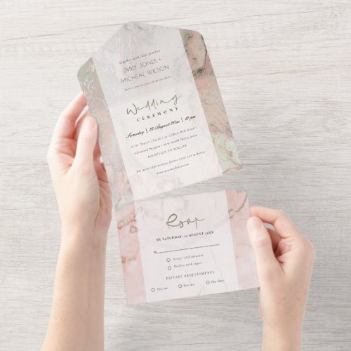 MODERN DUSKY BLUSH PINK ROSE GOLD AGATE WEDDING  ALL IN ONE INVITATION