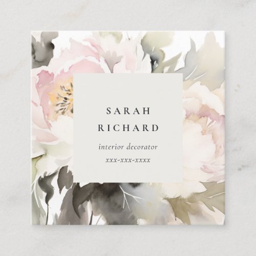Modern Dusky Blush Watercolor Peony Floral Bunch Square Business Card