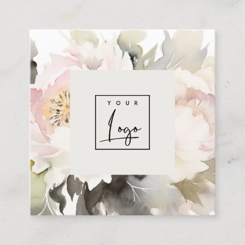 Modern Dusky Blush Watercolor Peony Floral Logo Square Business Card