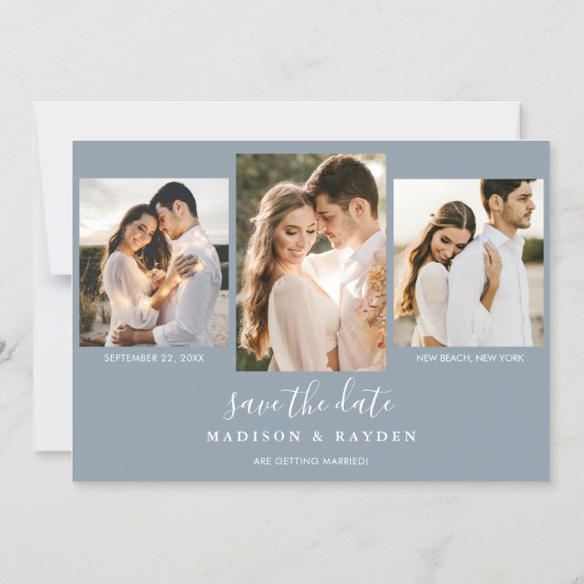 Modern Dusty Blue 3 Photo Wedding Save The Date Magnetic Invitation (Front)
