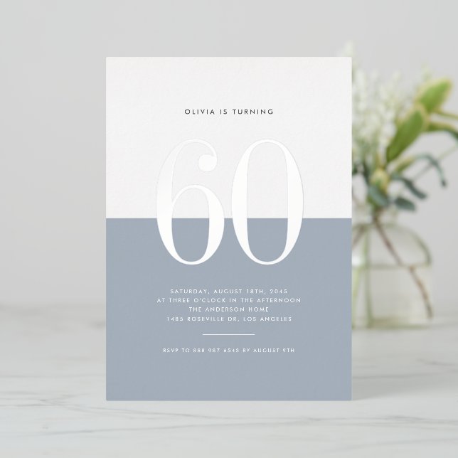 Modern Dusty Blue 60th Birthday Silver Foil Invitation (Standing Front)
