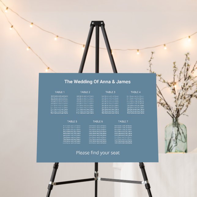 Modern Dusty Blue 7 Table Seating Chart Foam Board (In Situ (Stand))