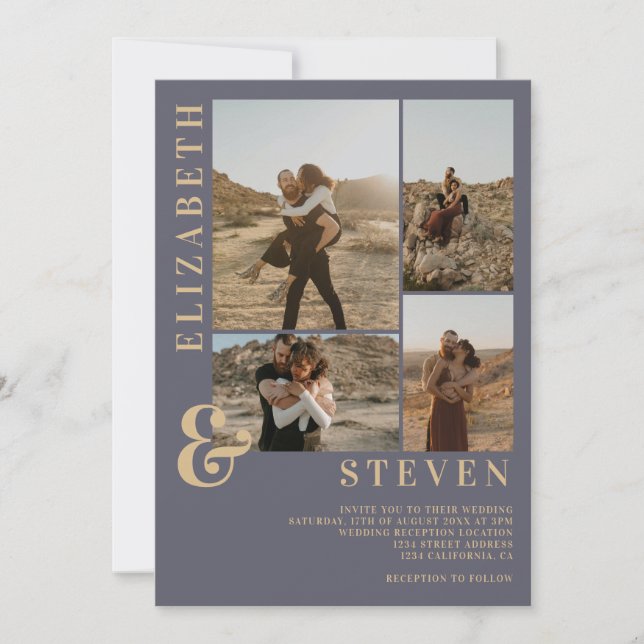 Modern dusty blue ampersand 5 photo grid wedding invitation (Front)