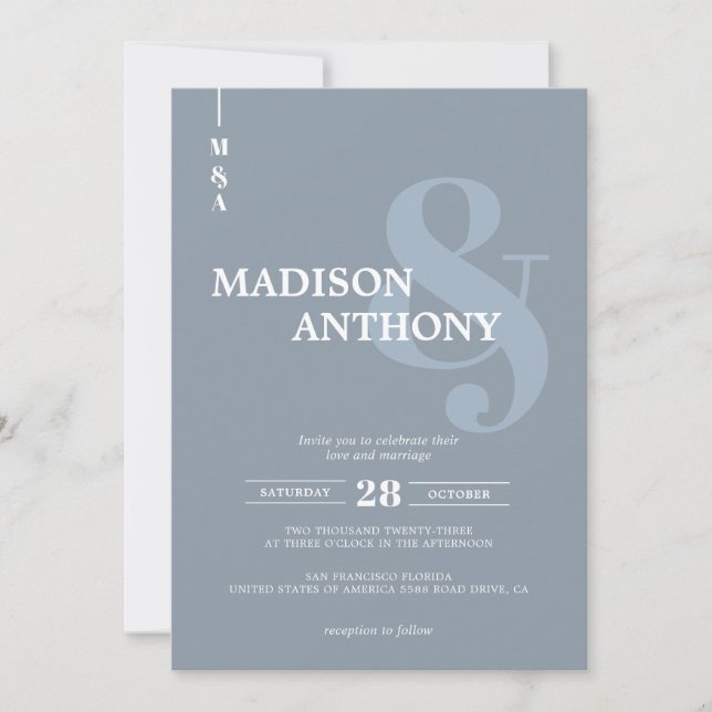 Modern Dusty Blue Ampersand Script Photo Wedding Invitation (Front)