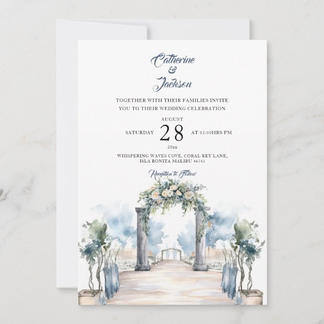 Modern Dusty Blue and Aqua Beach Wedding Invitation (Front)