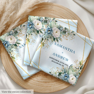 Modern Dusty Blue and Gold Frame Wedding Floral Cloth Napkin