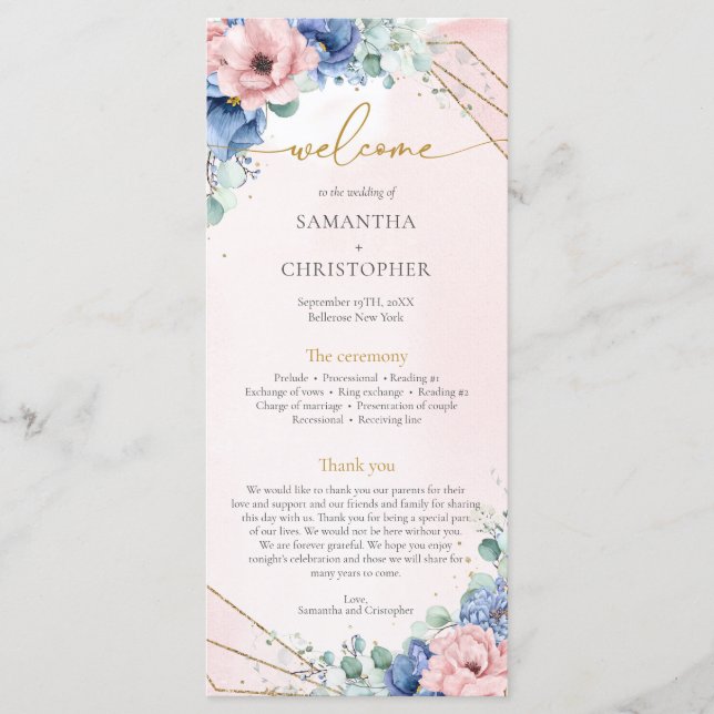 Modern dusty blue and rose gold flowers wedding program (Front)