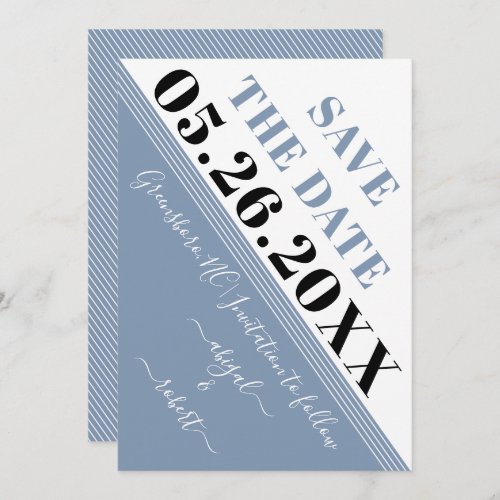 Modern dusty blue and white diagonal stripes save the date